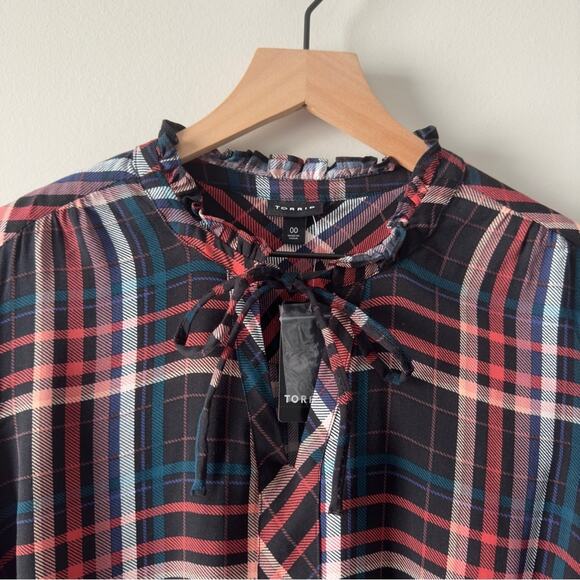 Torrid Plaid ruffle neck top keyhole tie 3/4 sleeve fall Autumn casual holiday - Picture 4 of 12